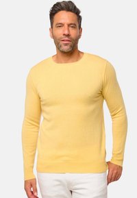 Pull-over jaune pâle à manches longues, fabriqué en matériau doux, avec un col rond et des poignets côtelés, porté avec un pantalon de couleur claire.