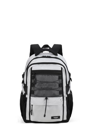 Zaino grigio e nero con molteplici tasche con zip, schienale imbottito, spallacci regolabili e dettagli in rete. Realizzato in tessuto resistente.