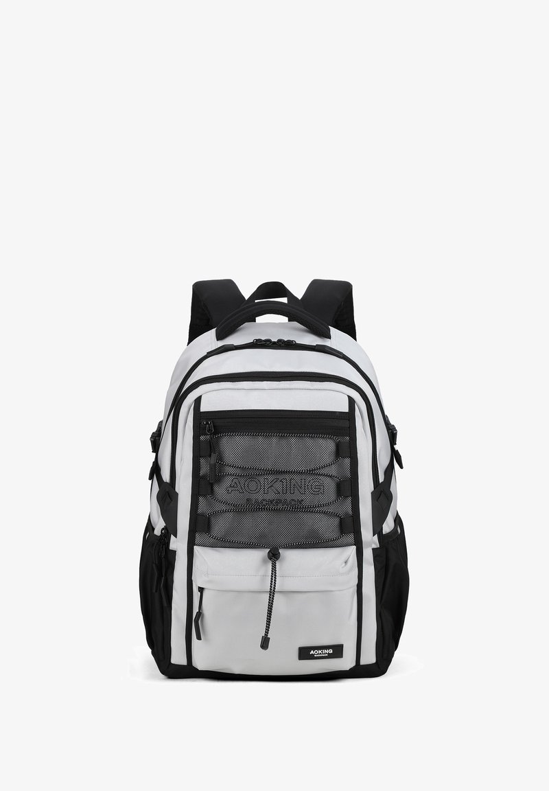 Zaino grigio e nero con molteplici tasche con zip, schienale imbottito, spallacci regolabili e dettagli in rete. Realizzato in tessuto resistente.