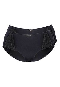 Czarne majtki z wysokim stanem z koronkowymi bocznymi panelami. Posiadają gładki materiał, subtelną połysk oraz dekoracyjne serduszko na pasku.