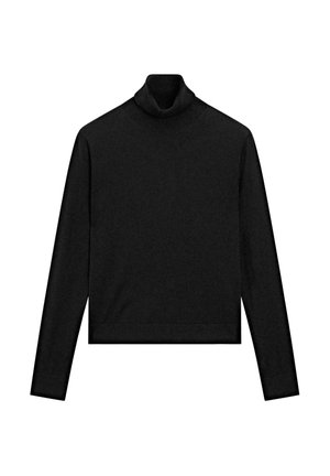 Black turtleneck sweater with long sleeves, made of a soft fabric. Features a fitted design with a ribbed texture at the collar and hem.