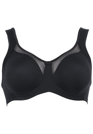Soutien-gorge noir en tissu lisse, avec des panneaux transparents, des bretelles larges et un fermoir à l'avant. Il dispose de bonnets profilés et d'un design sans coutures.
