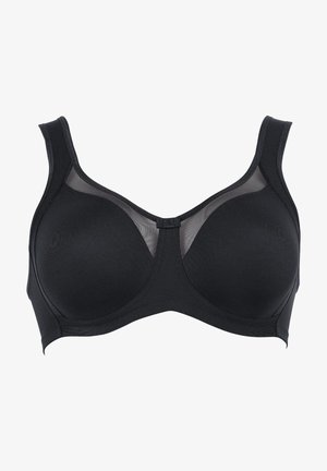 Schwarzer BH aus glattem Stoff, mit transparenten Einsätzen, breiten Trägern und einem Vorderverschluss. Verfügt über konturierte Cups und ein nahtloses Design.