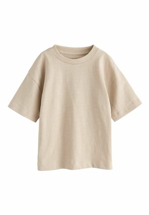 Beige T-shirt met korte mouwen gemaakt van een zachte stof met een ronde hals. Heeft een ontspannen pasvorm en minimale naden voor een gladde uitstraling.