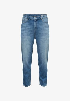 Modre kavbojke z ravnimi hlačnicami, sprednjim gumbom in zadrgo, z zankami za pas in petimi žepi, prikazane na belem ozadju.