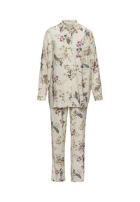 Floral print pajamas in light beige, featuring a collared, button-up shirt and matching straight-leg pants. Made of soft fabric with a smooth texture.