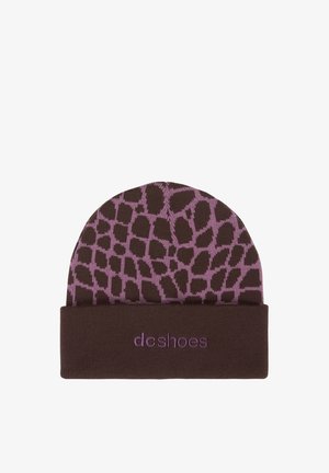 Brown and purple knit beanie with giraffe-like pattern and a folded brim embroidered with "dc shoes" in purple thread.