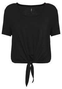 Haut noir à manches courtes en tissu doux avec un col rond et un détail noué à l'avant, doté d'une coupe décontractée et d'un design court.