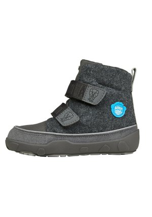 Gray ankle boot made of felt and synthetic materials, featuring two black Velcro straps, a blue logo patch, and a textured rubber sole.