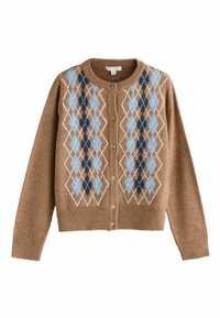 Brun knäppbar cardigan med blå, marinblå och vit argyle-diamantmönster över bröstet samt ribbade manschetter och nederkant.