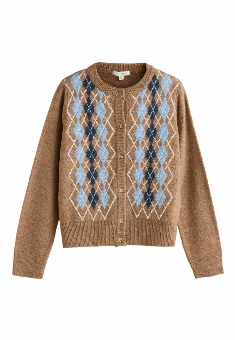 Brun knäppbar cardigan med blå, marinblå och vit argyle-diamantmönster över bröstet samt ribbade manschetter och nederkant.