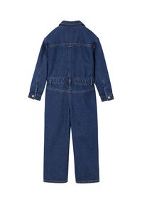 Denim jumpsuit in dark blue, featuring long sleeves, a collar, and a cinched waist. The fabric has a smooth texture with subtle stitching details.
