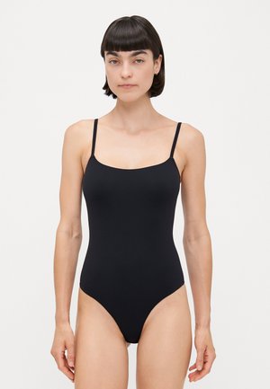 Black one-piece swimsuit with thin straps, a square neckline, and high-cut legs. Smooth texture with no visible patterns or embellishments.