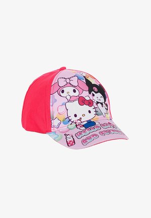 Pink and red baseball cap featuring Hello Kitty and friends characters with colorful background and decorative text on the brim.