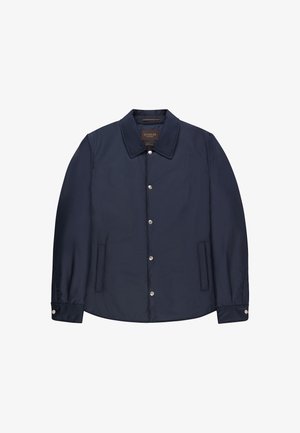 Marineblauwe casual jas met kraag, drukknoopsluiting aan de voorkant, twee zijzakken en manchetten met drukknoop, gelabeld Slowear.