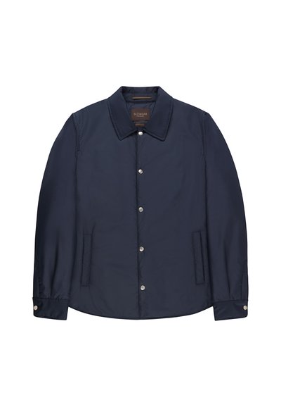 Chaqueta casual azul marino con cuello, botones de presión en la parte delantera, dos bolsillos laterales y puños con botones de presión, etiquetada como Slowear.