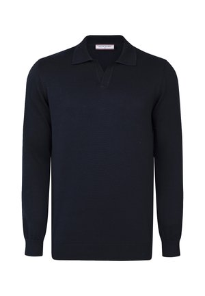 Pull en maille noir à manches longues avec col, encolure en V et poignets ainsi que bas côtelés.