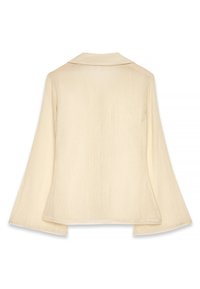 Cremfarbige, leichte Bluse mit Reverskragen und weit ausgestellten langen Ärmeln. Strukturierter Stoff mit einem subtilen Glanz. Schlichtes, elegantes Design.
