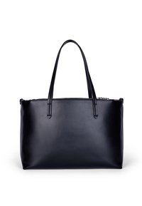 Borse tote nera in pelle con due manici lunghi, chiusura a zip nella parte superiore e finitura liscia e opaca. Design minimalista, nessun motivo o hardware visibile.