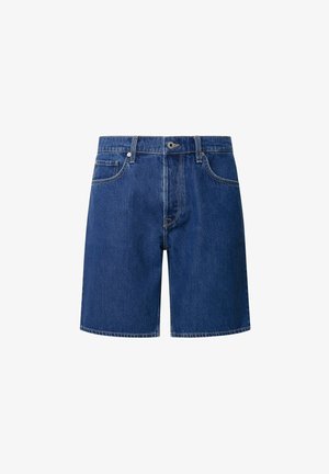 Tumed sinised denim lühikesed püksid, millel on klassikaline viie tasku disain, vöökohad ja õmblusdetailid. Katkine serv ja sirge jalg.