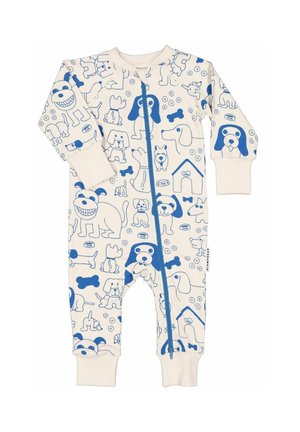 Kremfarvet babyheldragt med blå lynlås, prydet med legesyge blå hundeillustrationer, knogler, hundeskåle og hundehuse over det hele.