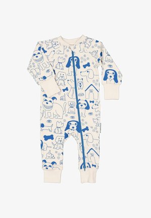 Kermansävyinen vauvan haalari sinisellä vetoketjulla, jossa leikkisät siniset koira-aiheiset kuvitukset, kuten luut, koirankulhot ja koirankopit koko haalarissa.