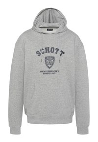 Sudadera con capucha gris, con bolsillo frontal, cordones y texto en color azul marino "SCHOTT", emblema y "New York City Since 1913" en el pecho.