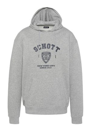 Grijs hooded sweatshirt met een front pocket, koordjes, en marineblauwe tekst "SCHOTT," embleem, en "New York City Since 1913" op de borst.