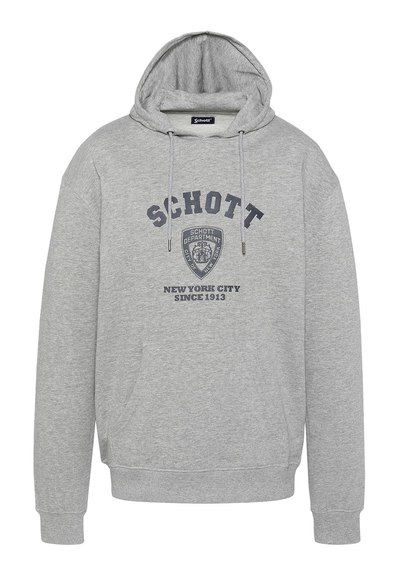 Sudadera con capucha gris, con bolsillo frontal, cordones y texto en color azul marino "SCHOTT", emblema y "New York City Since 1913" en el pecho.