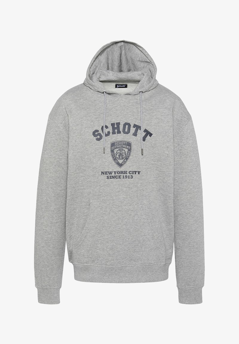 Sudadera con capucha gris, con bolsillo frontal, cordones y texto en color azul marino "SCHOTT", emblema y "New York City Since 1913" en el pecho.