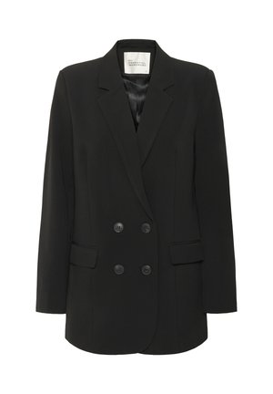 Sacou negru dublu căptușit cu rever cu crestătură, patru nasturi, buzunare cu clapetă și interior căptușit cu satin.