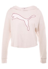 Lichtroze cropped hoodie met lange mouwen en een groot omrand puma-logo in het midden voor.