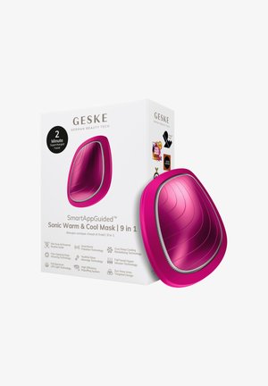 GESKE Sonic Warm & Cool Mask-enhed i metallisk pink med konturdesign, vist ved siden af dens hvide emballage med produktegenskaber og priser.