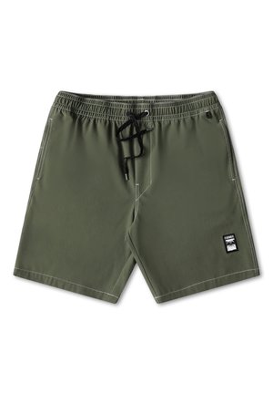 Olive green swim shorts made of smooth fabric, featuring an elastic waistband with a black drawstring, and a small branded patch on the side.