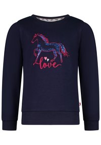 Felpa blu scuro con maniche lunghe. Presenta una grafica di un cavallo decorata con paillettes in blu e rosso, e la scritta "love" in rosa. Polsini a coste.