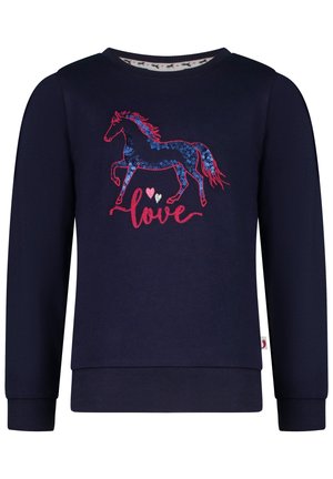Sudadera de color azul oscuro con mangas largas. Presenta un gráfico de un caballo embellido con lentejuelas en azul y rojo, y el texto "amor" en rosa. Puños acanalados.