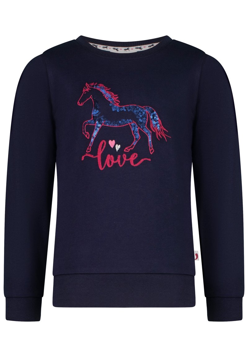 Felpa blu scuro con maniche lunghe. Presenta una grafica di un cavallo decorata con paillettes in blu e rosso, e la scritta "love" in rosa. Polsini a coste.