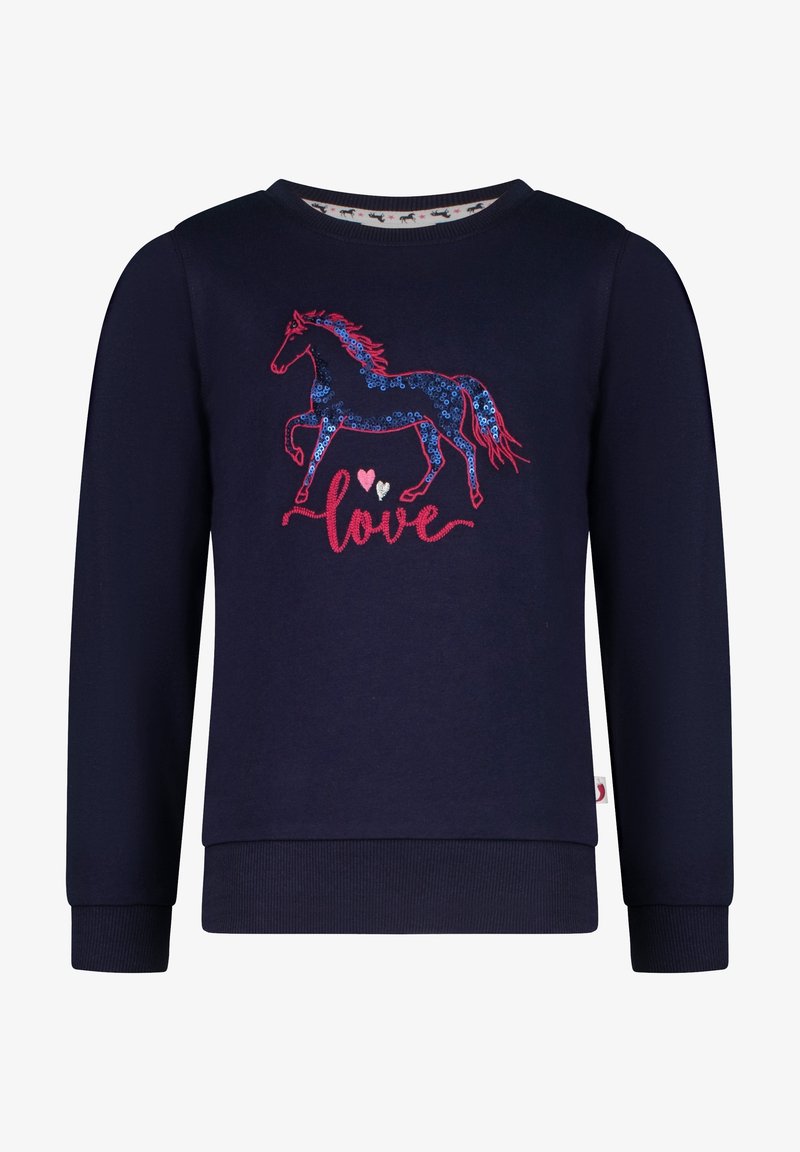 Felpa blu scuro con maniche lunghe. Presenta una grafica di un cavallo decorata con paillettes in blu e rosso, e la scritta "love" in rosa. Polsini a coste.