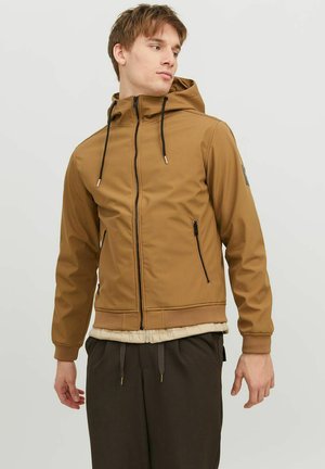 Rjava zip-up jakna s kapuco, nastavljive črne vrvice, dve stranski žep, rebrasti manšeti in kontrastni spodnji rob.