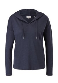 Tmavě modrá mikina s kapucí a dlouhými rukávy vyrobená z měkké látky, s výstřihem do V, stahováním na kapuci a volným střihem s jemnou texturou.