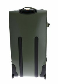 Grüner Hartschalen-Koffer mit schwarzen Akzenten, glatter Oberfläche, rechteckiger Form, zwei Rädern und einem oberen Griff für einfachen Transport.