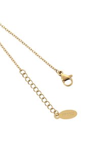 Gouden ketting met ovale schakels, voorzien van een karabijnsluiting en een tag gegraveerd met "XPTTM." Gladde textuur, minimalistisch ontwerp.
