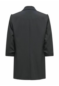 Manteau noir cintré à manches longues vu de dos, avec une couture droite au centre et un col classique.