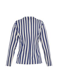 Veste à manches longues à rayures verticales bleu et blanc avec taille cintrée et col, vue de dos sur fond blanc.