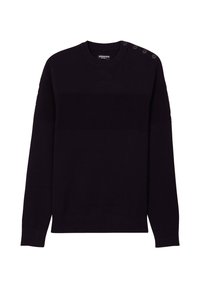 Maglione nero lavorato a maglia con una texture a coste, caratterizzato da un motivo a strisce orizzontali e dettagli con bottoni su una spalla. Vestibilità casual.