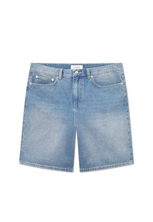 Hellblau Damen-Denim-Shorts mit geradem Schnitt, fünf Taschen, subtiler Ausbleichung und einem markierten Bundetikett. Aus Baumwollmaterial mit klassischer Naht.