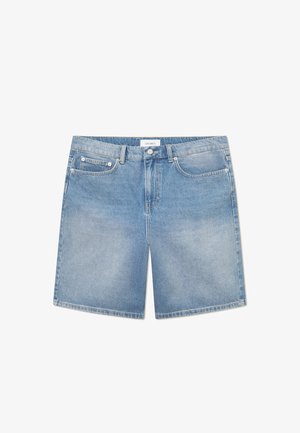 Heledsinine denimpüksid sirge lõikega, viie taskuga, kerge kulumisega ja brändi logoga vöökoht. Puuvillane materjal klassikalise õmblusega.