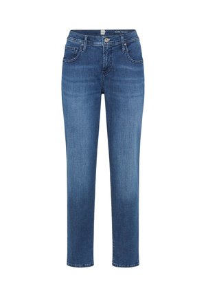 Denim jeans i mellemblå, lige ben-design med frontlommer, lynlås og en enkelt knaplukning. Glat tekstur, varm berøring.