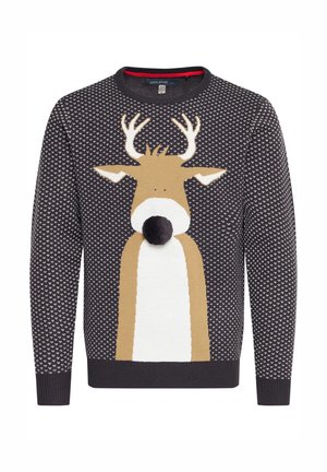 Granatowy sweter z dzianiny z wzorem renifera, posiadający rogi, brązowy korpus, biały brzuch oraz czarny nos w kształcie pom-poma. Strukturalny wzór na całej powierzchni.
