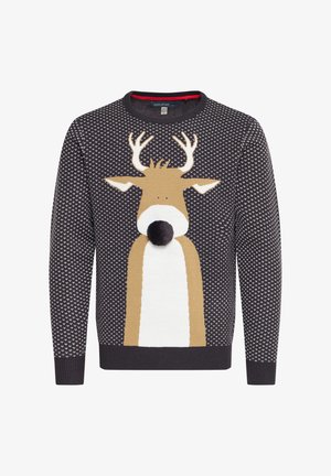 Marinblå stickad tröja med ett renmotiv som har horn, en brun kropp, en vit mage och en svart pom-pom näsa. Strukturerat mönster genom hela tröjan.